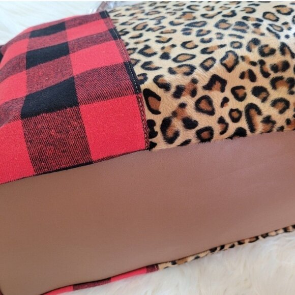 Leopard & Buffalo Plaid Duffel Bag With Brown Handles & Detachable Strap - Picture 11 of 12